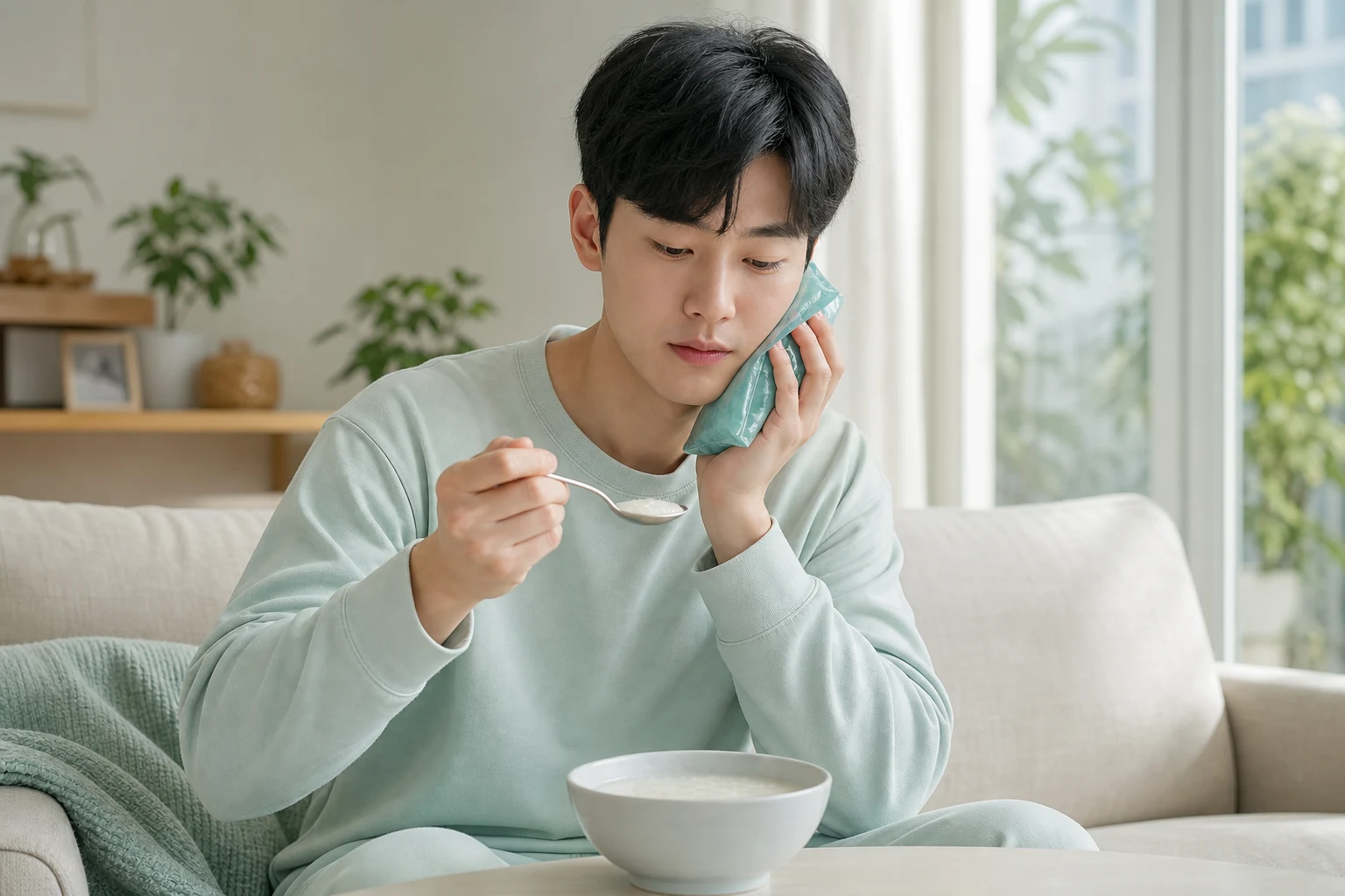사랑니 발치 후 미음과 얼음찜질로 회복 중인 모습